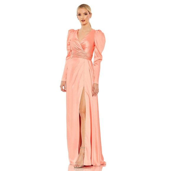 NWT Mac Duggal Faux Wrap Long Sleeve A Line Gown Peach 14 #7610 - Picture 1 of 8